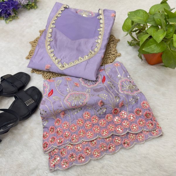 Glamorous Purple Designer HO Silk Co Ord Set with Multi Thread Floral Embroidery Ready To Wear Collection