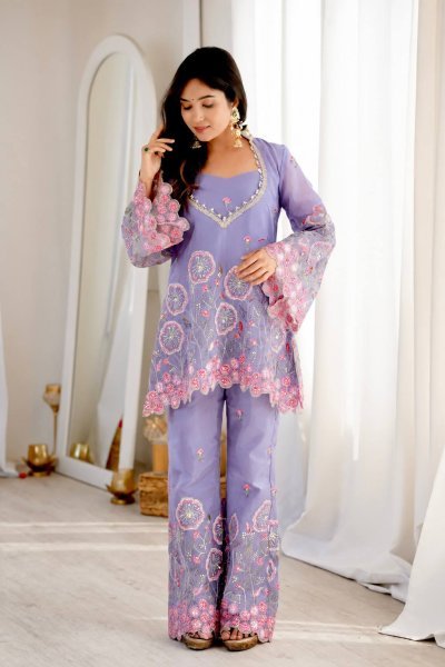 Glamorous Purple Designer HO Silk Co Ord Set with Multi Thread Floral Embroidery Ready To Wear Collection