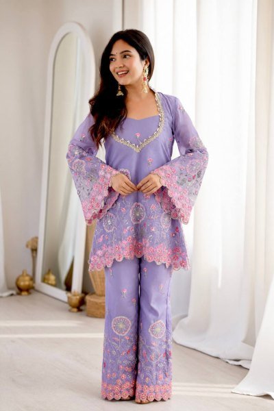 Glamorous Purple Designer HO Silk Co Ord Set with Multi Thread Floral Embroidery Ready To Wear Collection
