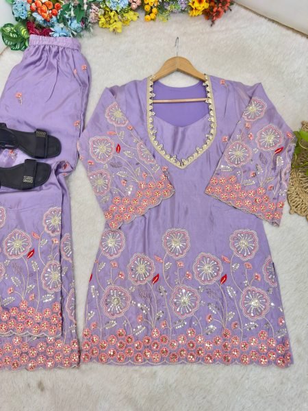 Glamorous Purple Designer HO Silk Co Ord Set with Multi Thread Floral Embroidery Ready To Wear Collection