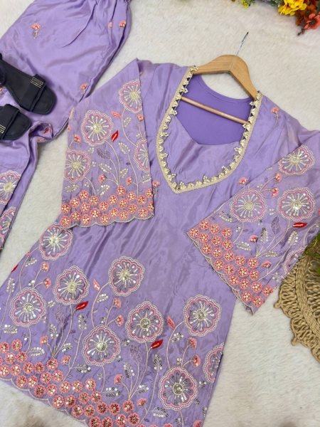 Glamorous Purple Designer HO Silk Co Ord Set with Multi Thread Floral Embroidery Ready To Wear Collection