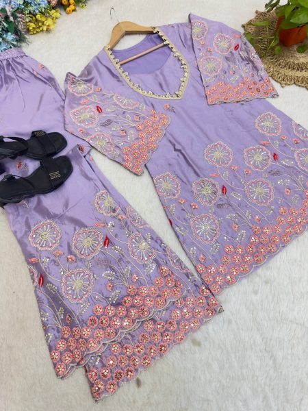 Glamorous Purple Designer HO Silk Co Ord Set with Multi Thread Floral Embroidery Ready To Wear Collection