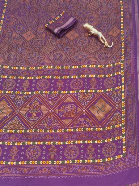 Glamorous Purple Designer Traditional Print Cotton Saree with Unstitched Blouse 