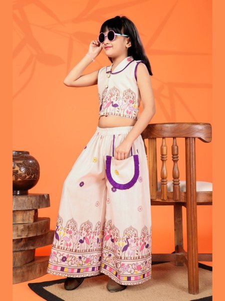 Glamorous Purple Digital Print Rayon Crop Top with Pant for Summer Kids Collections Girls Wear