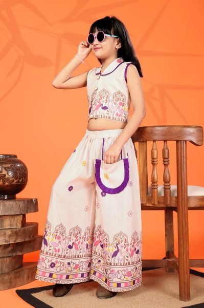 Glamorous Purple Digital Print Rayon Crop Top with Pant for Summer Kids Collections Girls Wear