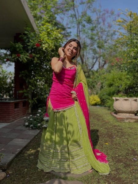 Glamorous Rani Pink Fendy Silk Lehenga Set with Real Mirror Work For Party and Festival Wear Ready To Wear Suit