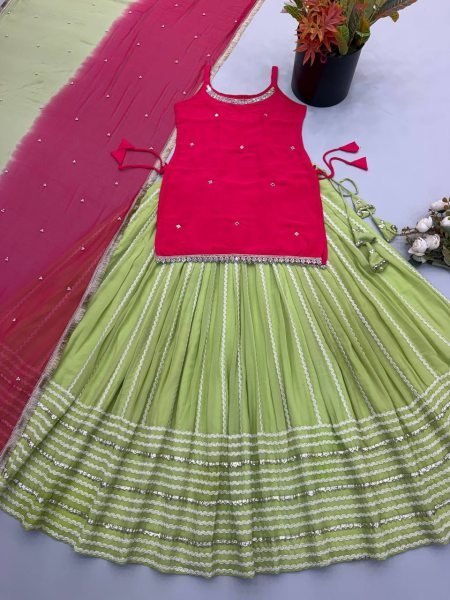 Glamorous Rani Pink Fendy Silk Lehenga Set with Real Mirror Work For Party and Festival Wear Ready To Wear Collection