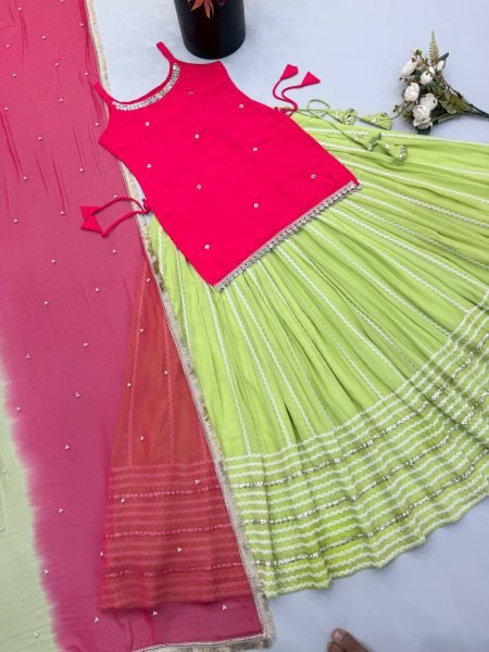 Glamorous Rani Pink Fendy Silk Lehenga Set with Real Mirror Work For Party and Festival Wear Ready To Wear Collection