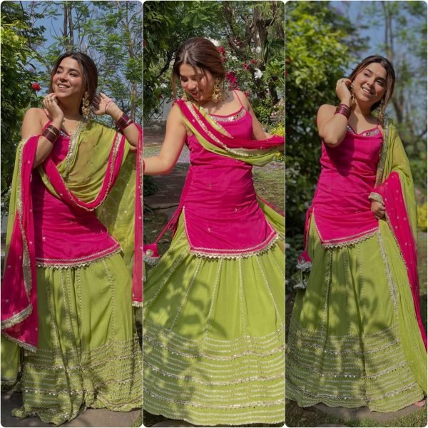 Glamorous Rani Pink Fendy Silk Lehenga Set with Real Mirror Work For Party and Festival Wear Ready To Wear Collection