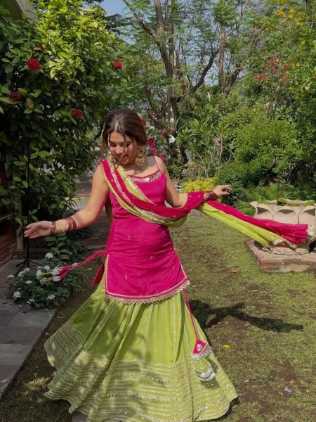 Glamorous Rani Pink Fendy Silk Lehenga Set with Real Mirror Work For Party and Festival Wear Ready To Wear Collection