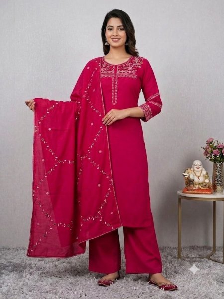 Glamorous Rani Pink Viscose Kurti Set With Dupatta Handcrafted Work For Women Kurtis