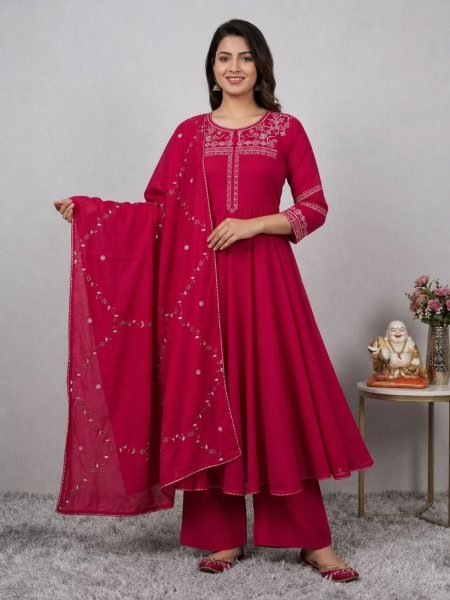 Glamorous Rani Pink Viscose Kurti Set With Dupatta Handcrafted Work For Women Kurtis