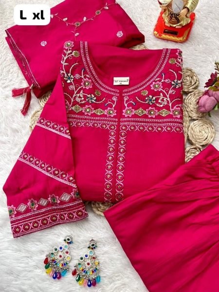 Glamorous Rani Pink Viscose Kurti Set With Dupatta Handcrafted Work For Women Embroidery Kurtis 