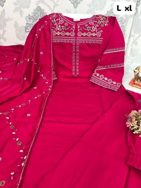 Glamorous Rani Pink Viscose Kurti Set With Dupatta Handcrafted Work For Women Embroidery Kurtis 