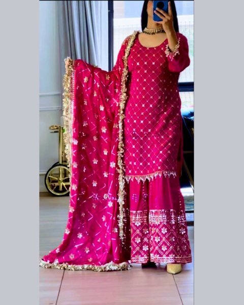 Glamorous Ready To Wear Heavy Chinnon Silk Sharara Suit Set with 5mm Sequence Embroidery Dupatta 