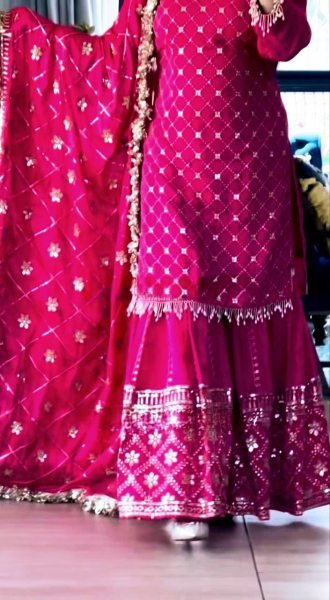 Glamorous Ready To Wear Heavy Chinnon Silk Sharara Suit Set with 5mm Sequence Embroidery Dupatta Ready To Wear Collection