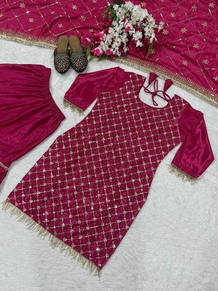 Glamorous Ready To Wear Heavy Chinnon Silk Sharara Suit Set with 5mm Sequence Embroidery Dupatta Ready To Wear Collection