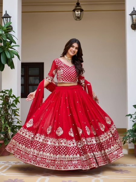 Glamorous Red Fox Georgette Lehenga Set with Heavy Sequin Work for Bridal Functions  Lehenga