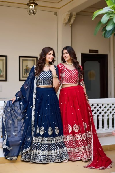 Glamorous Red Fox Georgette Lehenga Set with Heavy Sequin Work for Bridal Functions Designer Lehenga Choli