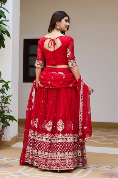 Glamorous Red Fox Georgette Lehenga Set with Heavy Sequin Work for Bridal Functions Designer Lehenga Choli