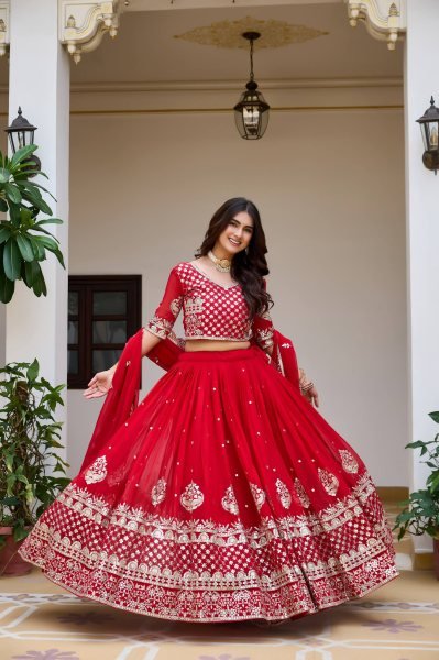 Glamorous Red Fox Georgette Lehenga Set with Heavy Sequin Work for Bridal Functions Designer Lehenga Choli