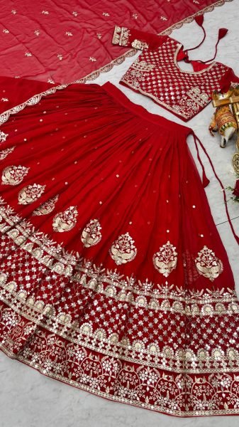 Glamorous Red Fox Georgette Lehenga Set with Heavy Sequin Work for Bridal Functions Designer Lehenga Choli
