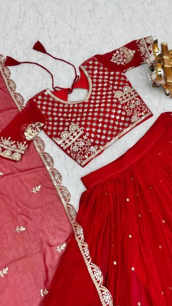 Glamorous Red Fox Georgette Lehenga Set with Heavy Sequin Work for Bridal Functions Designer Lehenga Choli