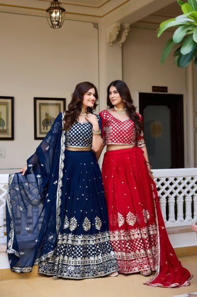 Glamorous Red Fox Georgette Lehenga Set with Heavy Sequin Work for Bridal Functions Designer Lehenga Choli