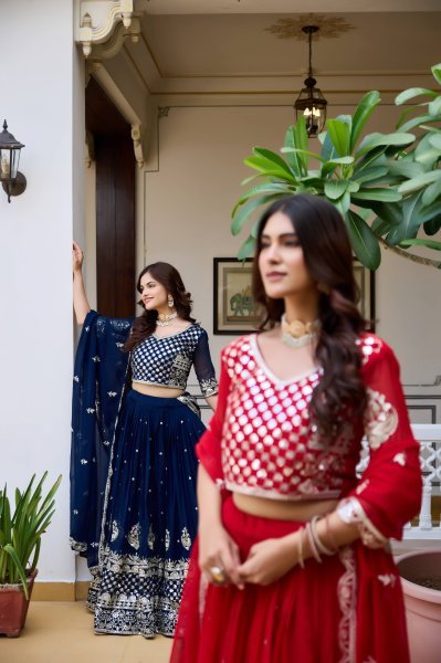 Glamorous Red Fox Georgette Lehenga Set with Heavy Sequin Work for Bridal Functions Designer Lehenga Choli
