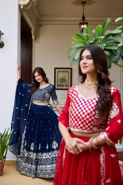 Glamorous Red Fox Georgette Lehenga Set with Heavy Sequin Work for Bridal Functions Designer Lehenga Choli