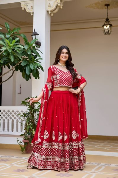 Glamorous Red Fox Georgette Lehenga Set with Heavy Sequin Work for Bridal Functions Designer Lehenga Choli