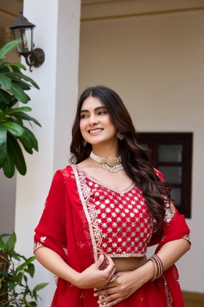 Glamorous Red Fox Georgette Lehenga Set with Heavy Sequin Work for Bridal Functions Designer Lehenga Choli
