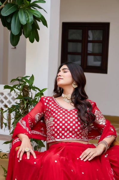 Glamorous Red Fox Georgette Lehenga Set with Heavy Sequin Work for Bridal Functions Designer Lehenga Choli