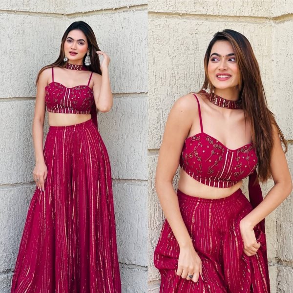 Glamorous Red Georgette Lehenga Set with Sequins Dori Work and Dupatta Bollywood Lehenga Choli