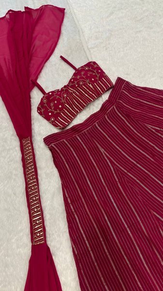 Glamorous Red Georgette Lehenga Set with Sequins Dori Work and Dupatta Bollywood Lehenga Choli