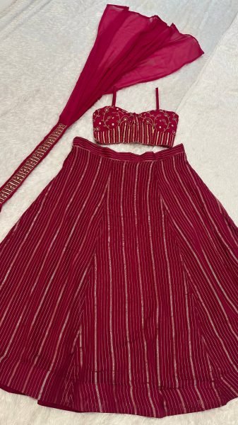 Glamorous Red Georgette Lehenga Set with Sequins Dori Work and Dupatta Bollywood Lehenga Choli