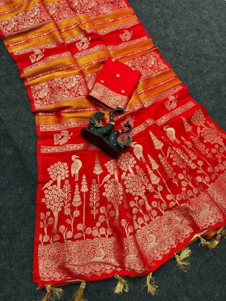 Glamorous Red Paithani Silk Saree with Zari Woven Pallu and Tassels for Festival Sarees 