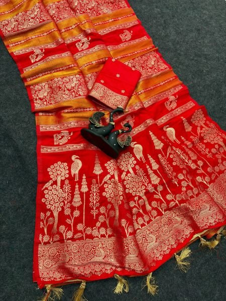 Glamorous Red Paithani Silk Saree with Zari Woven Pallu and Tassels for Festival Silk Sarees Wholesale