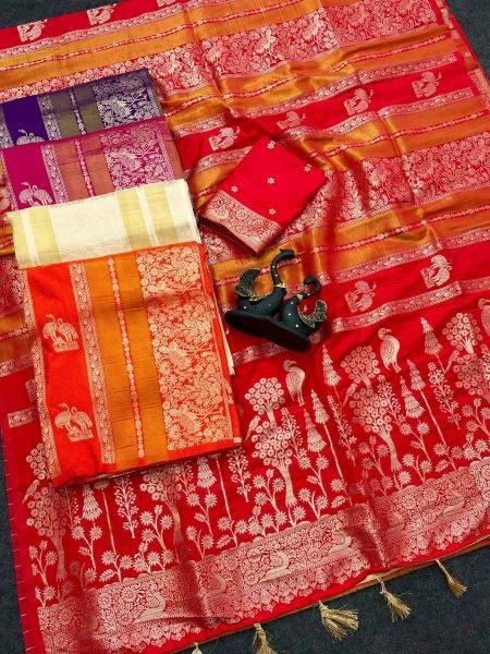 Glamorous Red Paithani Silk Saree with Zari Woven Pallu and Tassels for Festival Silk Sarees Wholesale