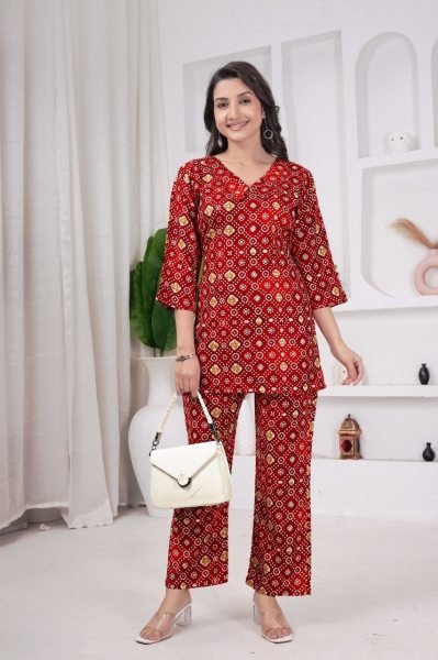 Glamorous Red Stylish Printed Rayon Relaxed Wear And Night Suit for Women CO ORD Sets