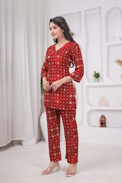 Glamorous Red Stylish Printed Rayon Relaxed Wear And Night Suit for Women CO ORD Sets