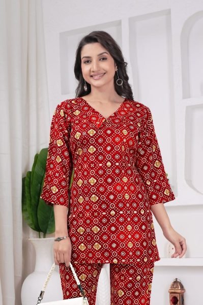 Glamorous Red Stylish Printed Rayon Relaxed Wear And Night Suit for Women CO ORD Sets