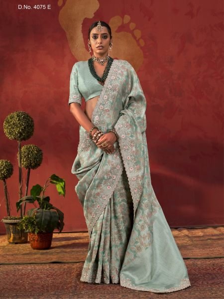 Glamorous Sky Blue Designer Viscose Silk-Style Saree with Scalloped Embroidered Border Sarees 