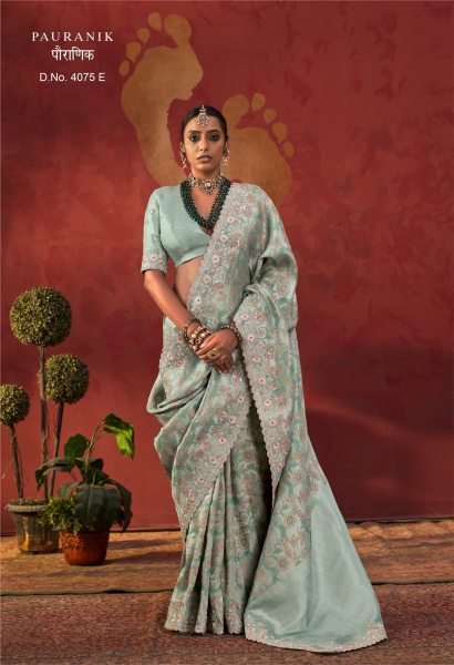 Glamorous Sky Blue Designer Viscose Silk-Style Saree with Scalloped Embroidered Border Designer Wedding Sarees Wholesale
