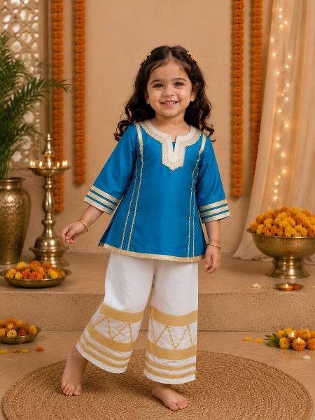 Glamorous Sky Blue Diwali Special Girls Palazzo Set with Gota Lace for Festival Kurtis