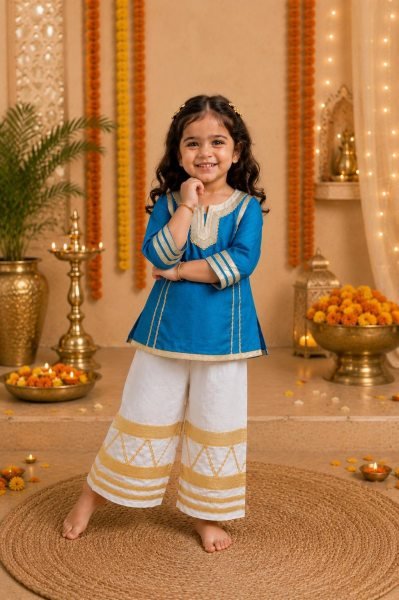 Glamorous Sky Blue Diwali Special Girls Palazzo Set with Gota Lace for Festival Girls Wear