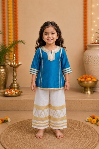 Glamorous Sky Blue Diwali Special Girls Palazzo Set with Gota Lace for Festival Girls Wear