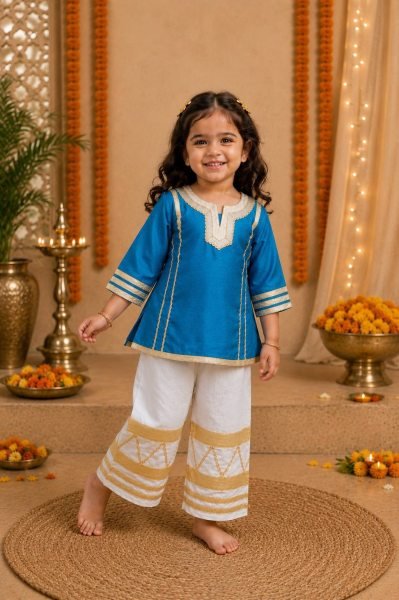 Glamorous Sky Blue Diwali Special Girls Palazzo Set with Gota Lace for Festival Girls Wear