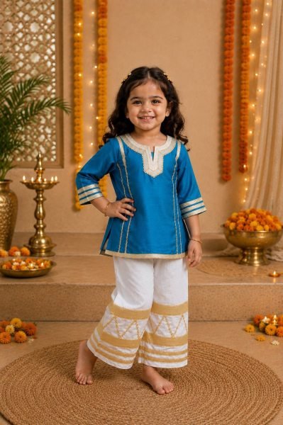 Glamorous Sky Blue Diwali Special Girls Palazzo Set with Gota Lace for Festival Girls Wear