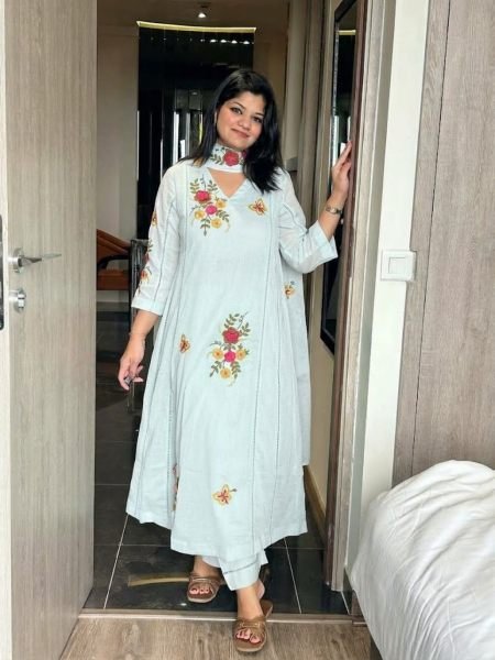 Glamorous Light Blue Festive Wear Air Tex Chinon Embroidered Kurti Pant Set for Festival 